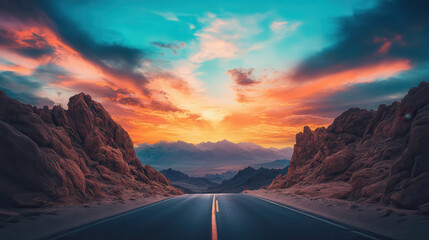 Fototapeta premium scenic road surrounded by rocky formations under vibrant sunset sky. warm colors create serene and breathtaking atmosphere