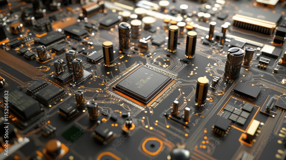 Poster a 3d schematic of a microchip design, with exploded components showing transistors, pathways, and pr