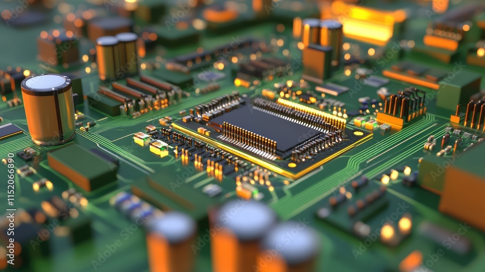Poster a 3d schematic of a microchip design, with exploded components showing transistors, pathways, and pr