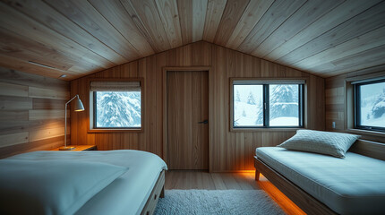 A bedroom with wood walls and ceiling, featuring a double bed and a daybed, both with white linens.  Two windows offer a view of a snowy landscape.  A small lamp is on a side table.