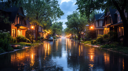 Fototapeta premium serene neighborhood street illuminated by warm lights, reflecting in floodwaters. scene captures calm after storm, showcasing nature impact