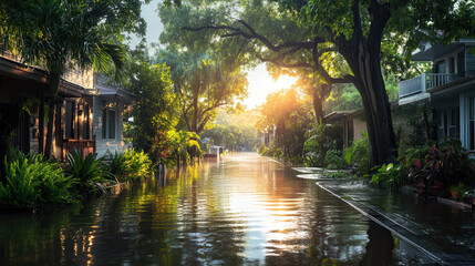 Naklejka premium Flooded street with houses and lush greenery, reflecting sunlight