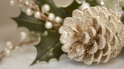 Fototapeta premium A close-up of a glittery pine cone and holly leaves, evoking a festive atmosphere.