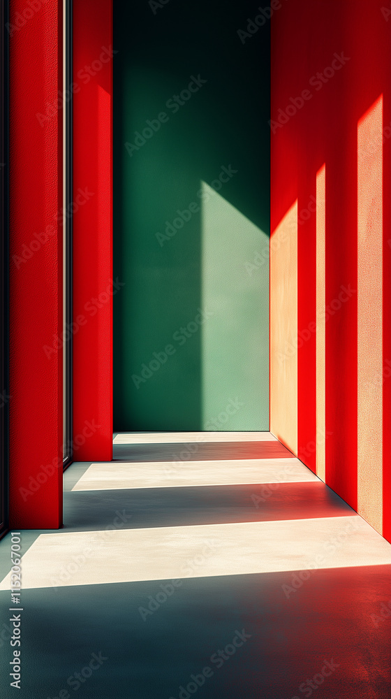Poster light and shadow creating stripes in red and green minimalist corridor mobile wallpaper