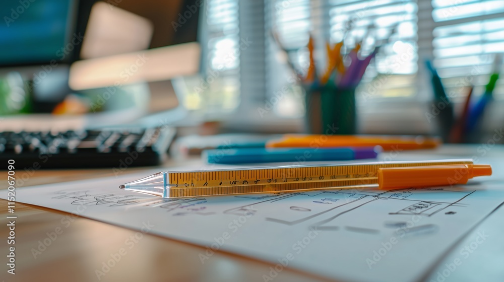Poster office workspace with stationery on design sketches and ruler