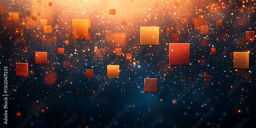 Poster orange and red squares floating in a sparkling galaxy background