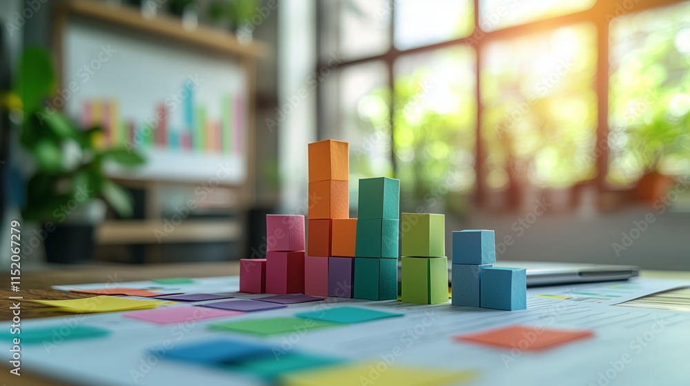 Poster colorful building blocks forming a data trend analysis chart