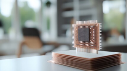 A 3D-printed prototype model of a microchip displayed on a modern background, emphasizing innovation and engineering
