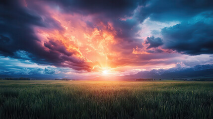 Obraz premium stunning sunset over vast field, with dramatic clouds and vibrant colors. scene evokes sense of tranquility and awe