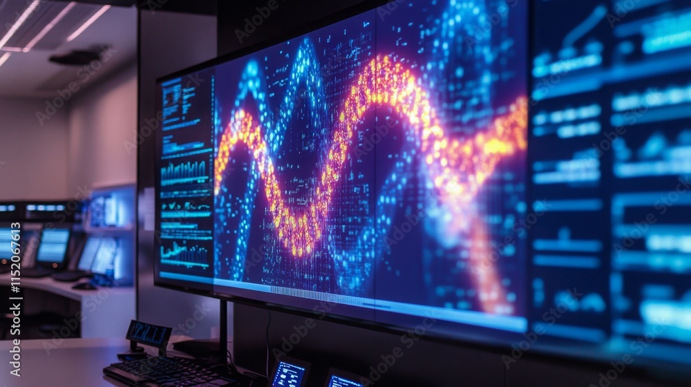 Aufkleber In a modern technology lab, complex AI systems process biological data. Colorful visualizations display algorithms, while nearby computer stations monitor progress in real time.