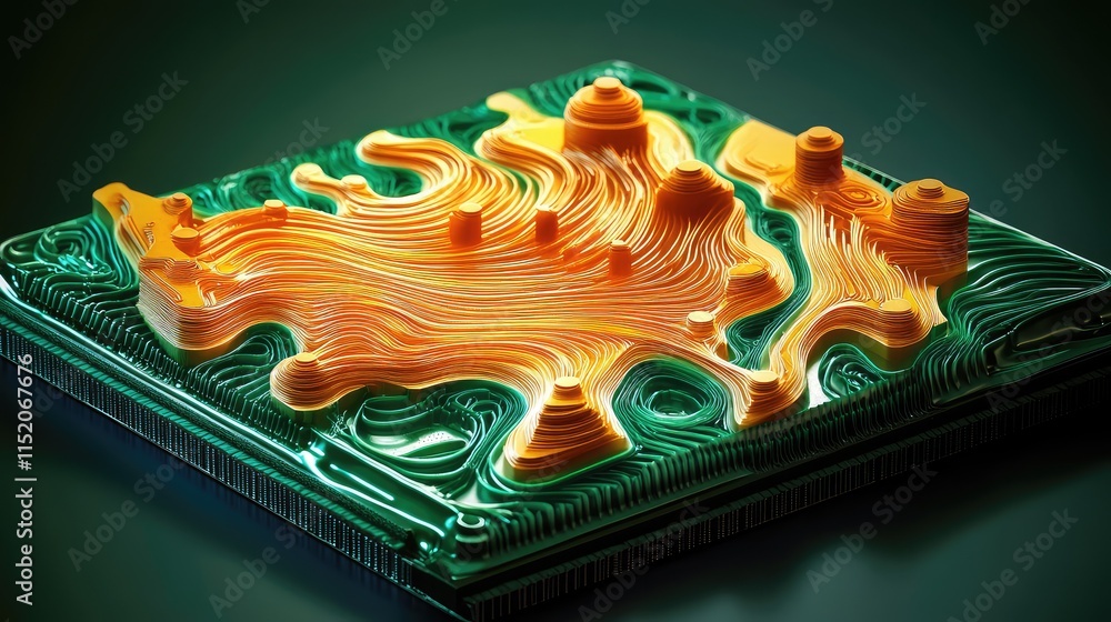Poster a 3d-rendered futuristic microchip with organic, fluid-like patterns, symbolizing neural network-ins