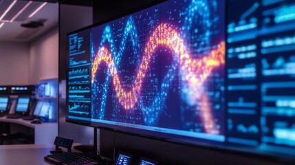 In a modern technology lab, complex AI systems process biological data. Colorful visualizations display algorithms, while nearby computer stations monitor progress in real time.