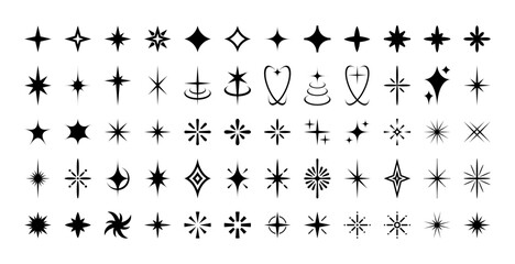 Star sparkles doodle elements, black shiny twinkle flash of different shapes and geometric forms set