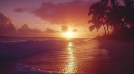 Sunset Beach Scene Palm Trees Ocean Waves Golden Sky