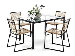 Stylish Black Metal Frame Dining Set with Woven Chairs and Glass Top Table

