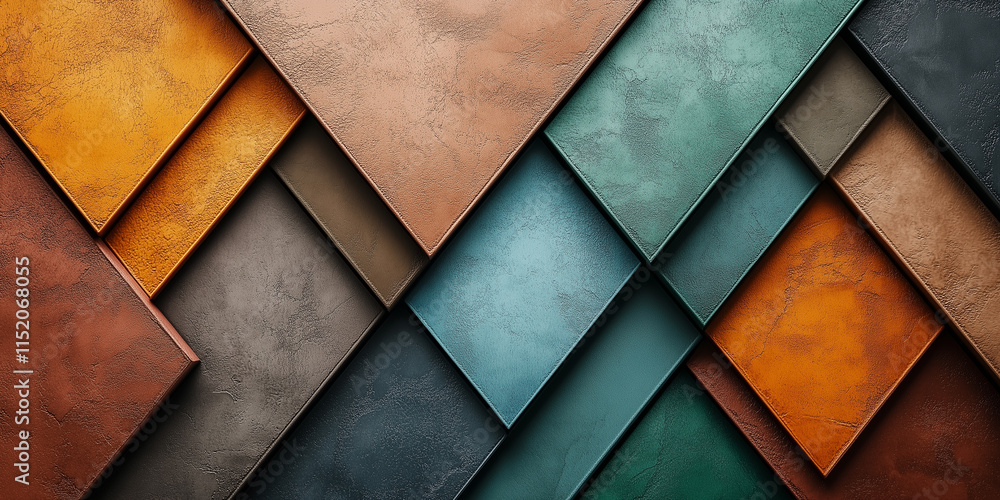 Poster overlapping geometric shapes creating colorful and textured pattern