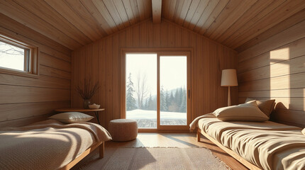 A minimalist bedroom with wood paneling, two low beds with beige linens, a large window showcasing a snowy landscape, and a simple side table. Sunlight streams through the window, creating warm light.