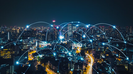 Fototapeta premium Smart digital city with connection cyber security network reciprocity over the cityscape . future smart wireless digital city and social media networking systems that connects people within the city
