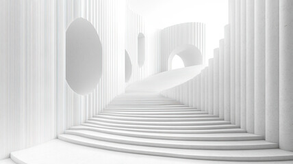 Minimalist interior with curved staircase and textured walls in white tones.