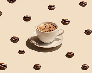 Obraz premium Coffee cup on a saucer placed with beans in an organized pattern, solid olive beige background