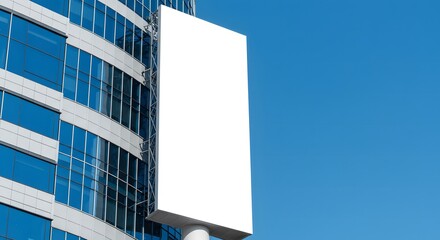 Mock up white vertical large LED display billboard on tower building with blue sky background. clipping path for mockup