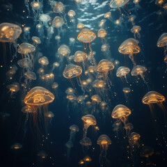 Ethereal Underwater Scene with Glowing Jellyfish in a Deep Blue Ocean, Capturing the Mystique and Beauty of Marine Life in a Vibrant Environment