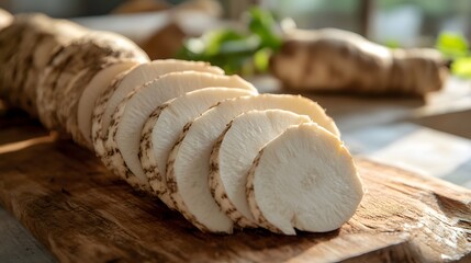 Close up sliced Elephant foot yam on wooden board