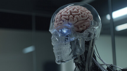 close-up of a cybernetic humanoid featuring a transparent skull with a human brain inside