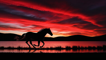 Horse running in silhouette at red sunset by the lake