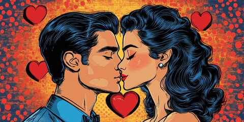 Couple kissing in comic book style illustration for valentine's day or singles awareness day