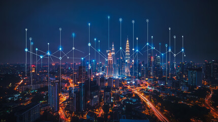 Smart digital city with connection cyber security network reciprocity over the cityscape . future smart wireless digital city and social media networking systems that connects people within the city