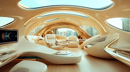 Fototapeta premium Futuristic interior design showcasing sleek lines and modern aesthetics with ample natural light in a spacious environment.