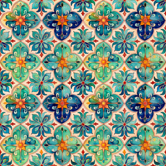 Seamless Moroccan tile pattern with floral motifs in vibrant greens and blues