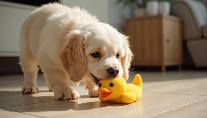 A fluffy puppy is playing with a yellow toy duck on a wooden floor in a cozy room with furniture and plants in the background. The scene highlights the puppy's playful and cheerful nature