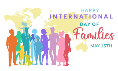Happy international day of families cute big family colorful vector silhouette world map on the white background.