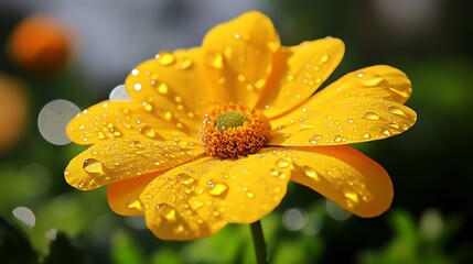 Vibrant yellow flower petals drenched in water droplets under sunlight