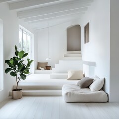 A Scandinavian minimalistic home featuring a light white interior with a touch of green from a plant.