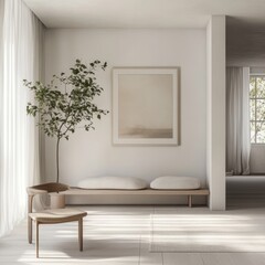 A Scandinavian minimalistic home featuring a light white interior with a touch of green from a plant.