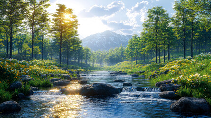 Obraz premium Serene mountain river flows through lush green forest.