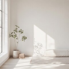 A Scandinavian minimalistic home featuring a light white interior with a touch of green from a plant.