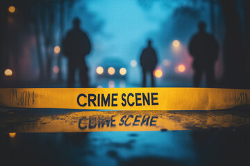 yellow tape labeled “CRIME SCENE”, background out of focus, showing silhouettes of figures presumably investigating or processing the scene of an accident, try crime