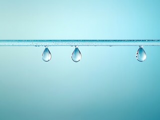 Water drops hanging delicately from a thin glass rod, soft blue background