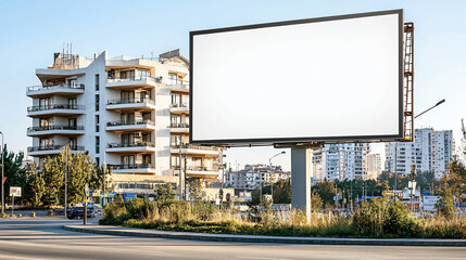 Obraz premium A blank advertising billboard mockup in a modern city setting, with no people around, showcasing a clean white surface ready for an advertisement.
