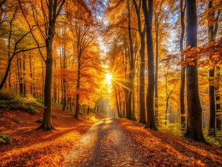 Majestic trees, vibrant fall foliage bathed in sunlight; a minimalist autumn scene.