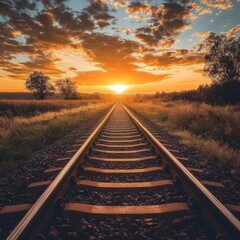 Obraz premium A serene railway track stretching towards the horizon during a sunset, with the warm golden hues of the sky casting a beautiful glow over the scene.