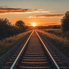 Fototapeta premium A serene railway track stretching towards the horizon during a sunset, with the warm golden hues of the sky casting a beautiful glow over the scene.