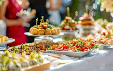 Elevated sophisticated catering poster. Lavish table is covered with variety of premium food, including gourmet meat, fish, vegetables, fruit, bespoke appetizers on blurred background, defocused.