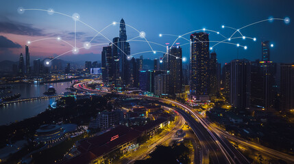 Fototapeta premium Smart digital city with connection cyber security network reciprocity over the cityscape . future smart wireless digital city and social media networking systems that connects people within the city