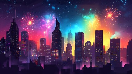 A vibrant city skyline illuminated by colorful fireworks against a night sky.