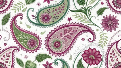 A vibrant paisley pattern featuring intricate floral designs in green and burgundy on a white background.